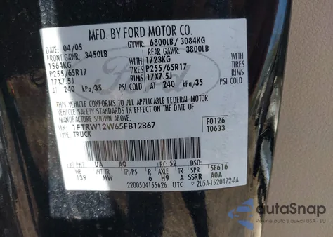 2005 Ford F-150 Xlt из США, поврежденный, VIN 1FTRW12W65FB12867